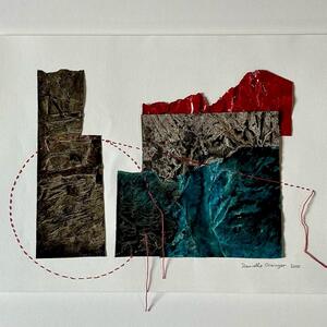 Collage of crumpled paper: dark, blue-green and red areas, a dashed red circle and loose red threads.