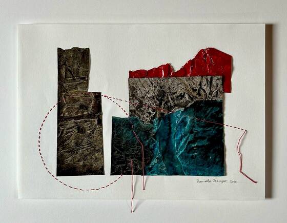 Collage of crumpled paper: dark, blue-green and red areas, a dashed red circle and loose red threads.