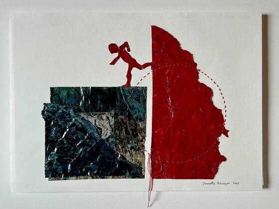 Collage on a white ground: a red paper figure leaps from a red shape, with a blue-green sheet of paper on the left.