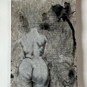 Drawing of a female nude from behind on old, written-on paper with black ink marks.