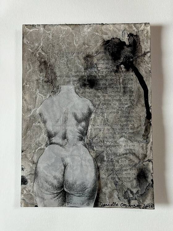 Drawing of a female nude from behind on old, written-on paper with black ink marks.
