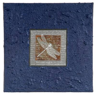 Blue, textured surface with a plate into which a dragonfly and writing are scratched.
