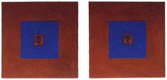 Two rust-red panels, each with a blue square and a small object at the centre.