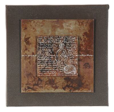 Grey ground with a large rusty plate holding white writing and a drawing of a seated figure.