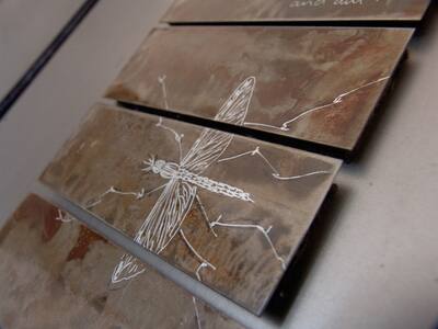 Slanted metal plates with an engraved dragonfly and fine lines.