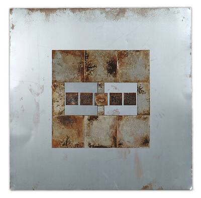 Silver metal surface with a mosaic of rust plates and small fields in the centre.