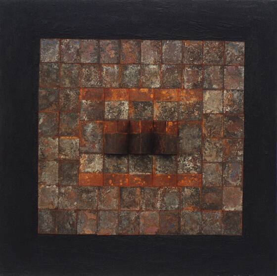 Dark frame around a mosaic of many small rust tiles, two curved plates in the middle.