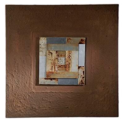 Square work: rust-brown ground with metal plates in blue, grey and rust set into the centre.