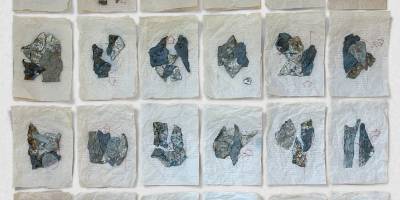 Danielle Orsinger: Heimwehen (Excerpt), 2024, 55 parts, mixed media, overall dimensions: 156.5×251 cm
