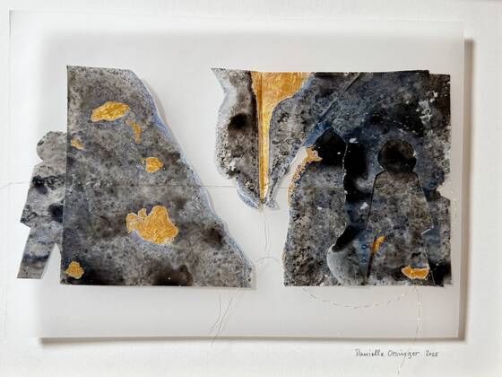 Paper collage in black, grey and gold: two torn shapes leaving a narrow gap.