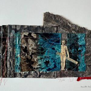 Collage of blue-green and dark sheets of paper, a small figure holding a rod in the middle; red threads and a red edge.