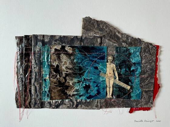 Collage of blue-green and dark sheets of paper, a small figure holding a rod in the middle; red threads and a red edge.