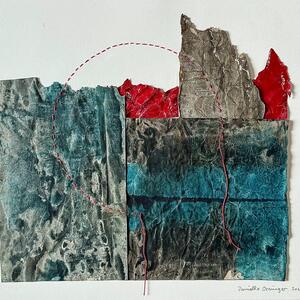 Collage of blue-green and grey sheets of paper with red paper pieces at the top and a dashed red arc.