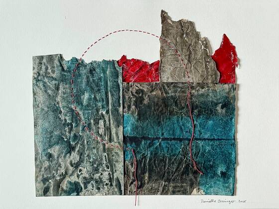 Collage of blue-green and grey sheets of paper with red paper pieces at the top and a dashed red arc.