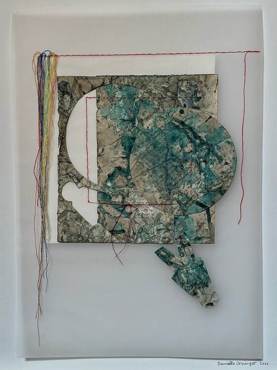 Blue-green collage on a translucent support with a round shape, coloured threads on the left and a red line; a small figure below.