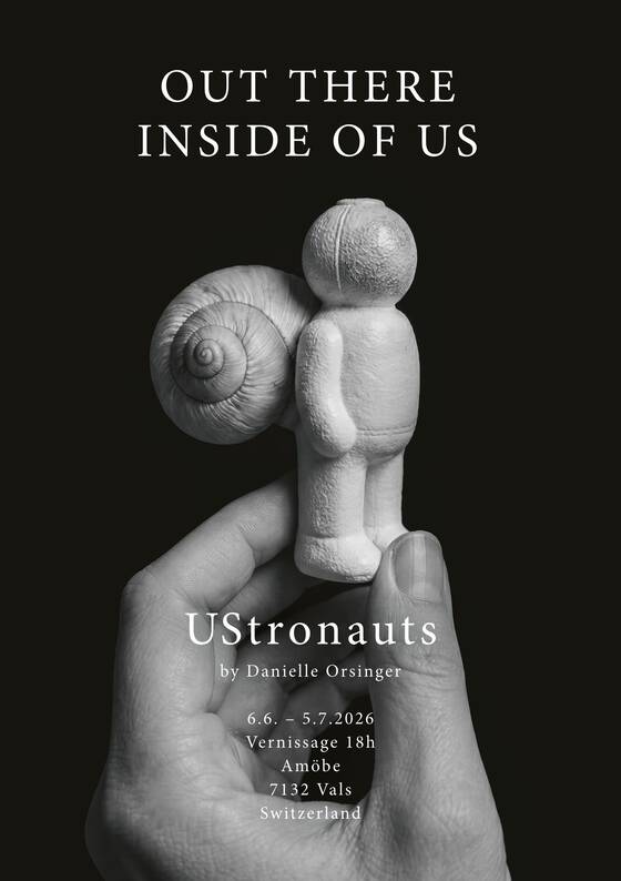 Exhibition poster &ldquo;UStronauts &ndash; Out there, inside of us&rdquo;: a hand holds a white figure with a snail shell on its back.