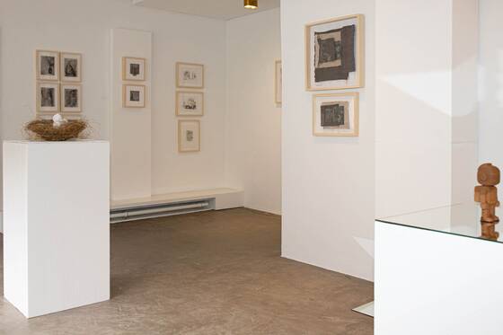 View into the exhibition space: framed works on white walls, a plinth with a nest, a RAWbot on the right.