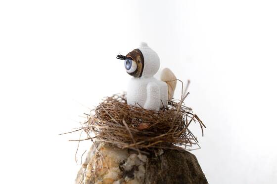 UStronaut with a blue eye in its visor sitting in a nest on a stone.